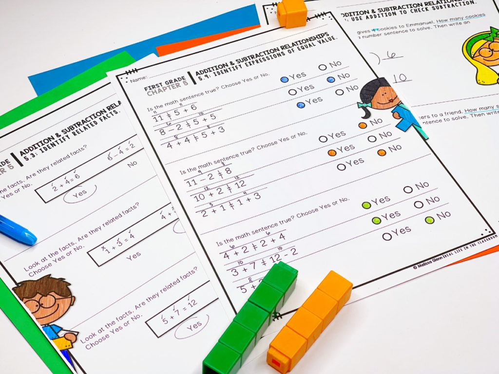 Three extra practical supplemental math pages, filled in with student work. All of the pages reinforce skills for addition and subtraction relationships.