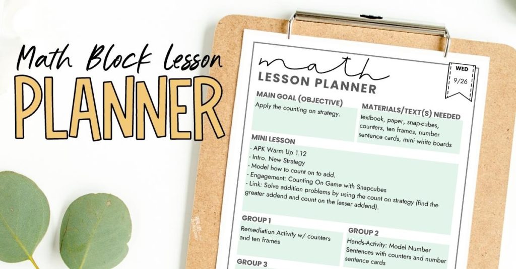 lesson planner for planning a math lesson clipped to a clipboard. The planner is filled in for the goal of teaching students how to count on.