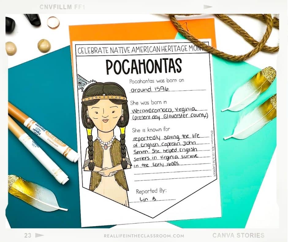 report pennant for Pocahontas for Native American Heritage bulletin board ideas