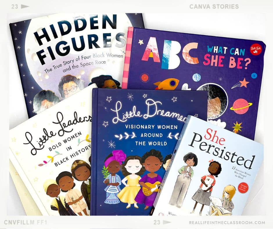Women's History Month books like Hidden Figures, ABC What Can She Be, She Persisted, Little Dreamers (Visionary Women Around the World), and Little Leaders (Bold Women in Black History)