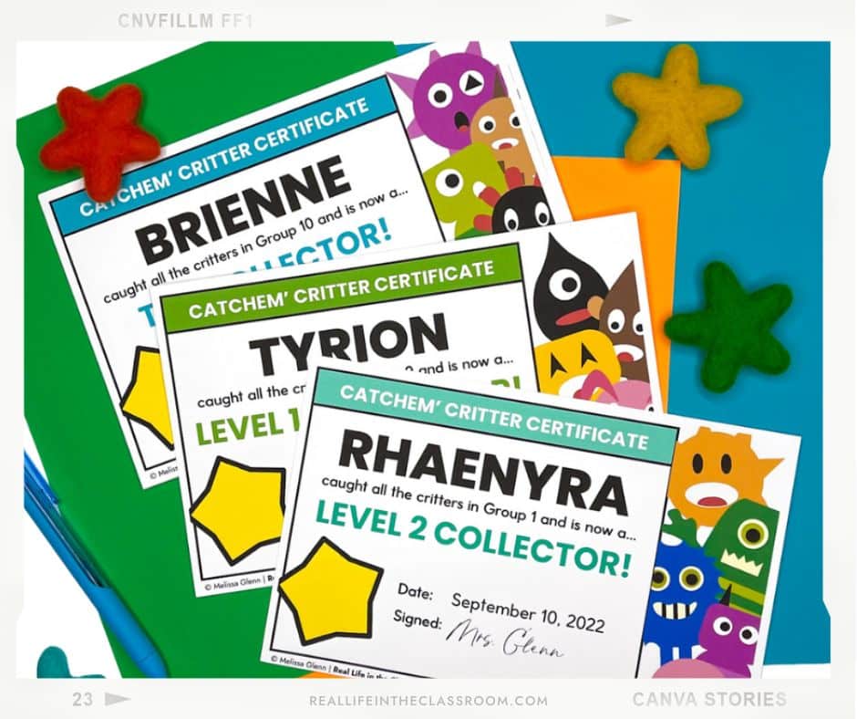 Reward certificates for students to earn as collect critters and advance through the levels