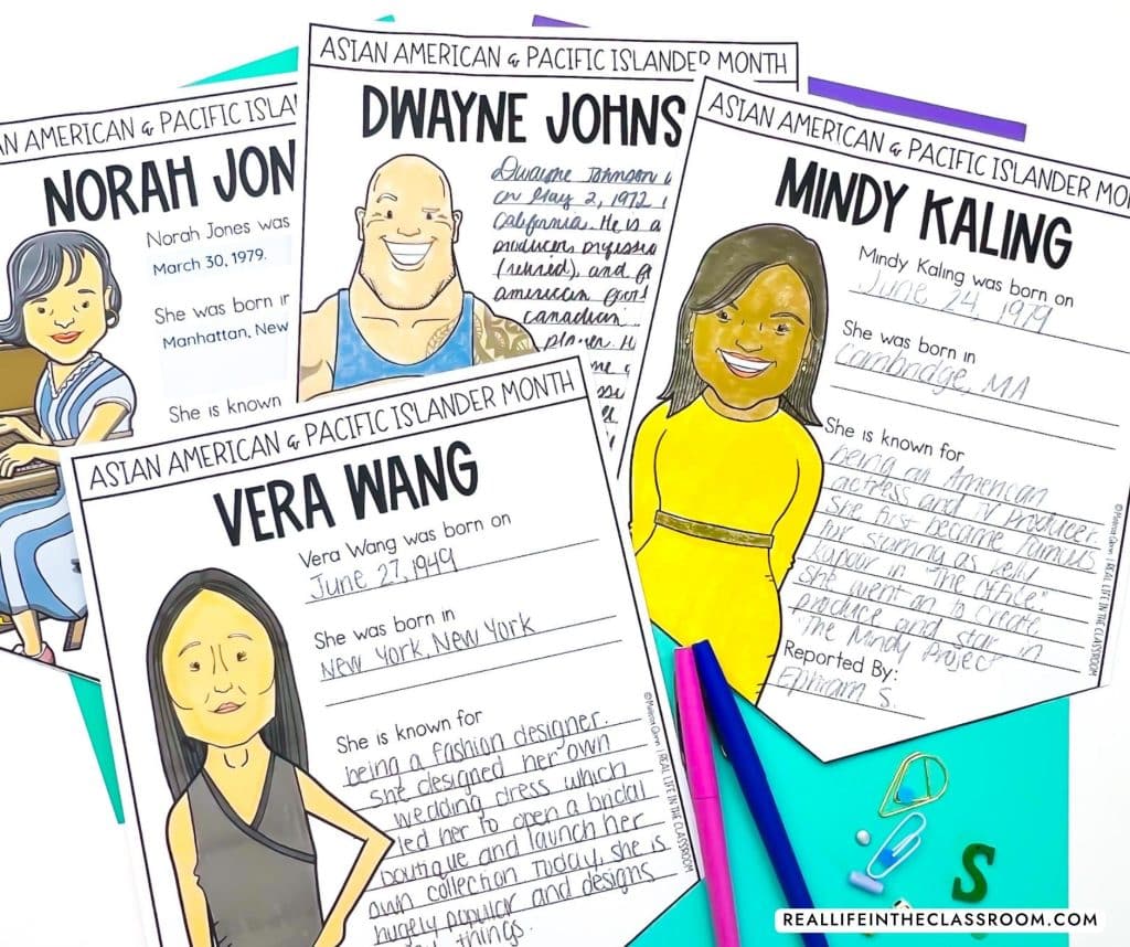 Asian Pacific American Heritage Month posters for influential people like Norah Jones, Dwayne Johnson, Mindy Kaling, and Vera Wang